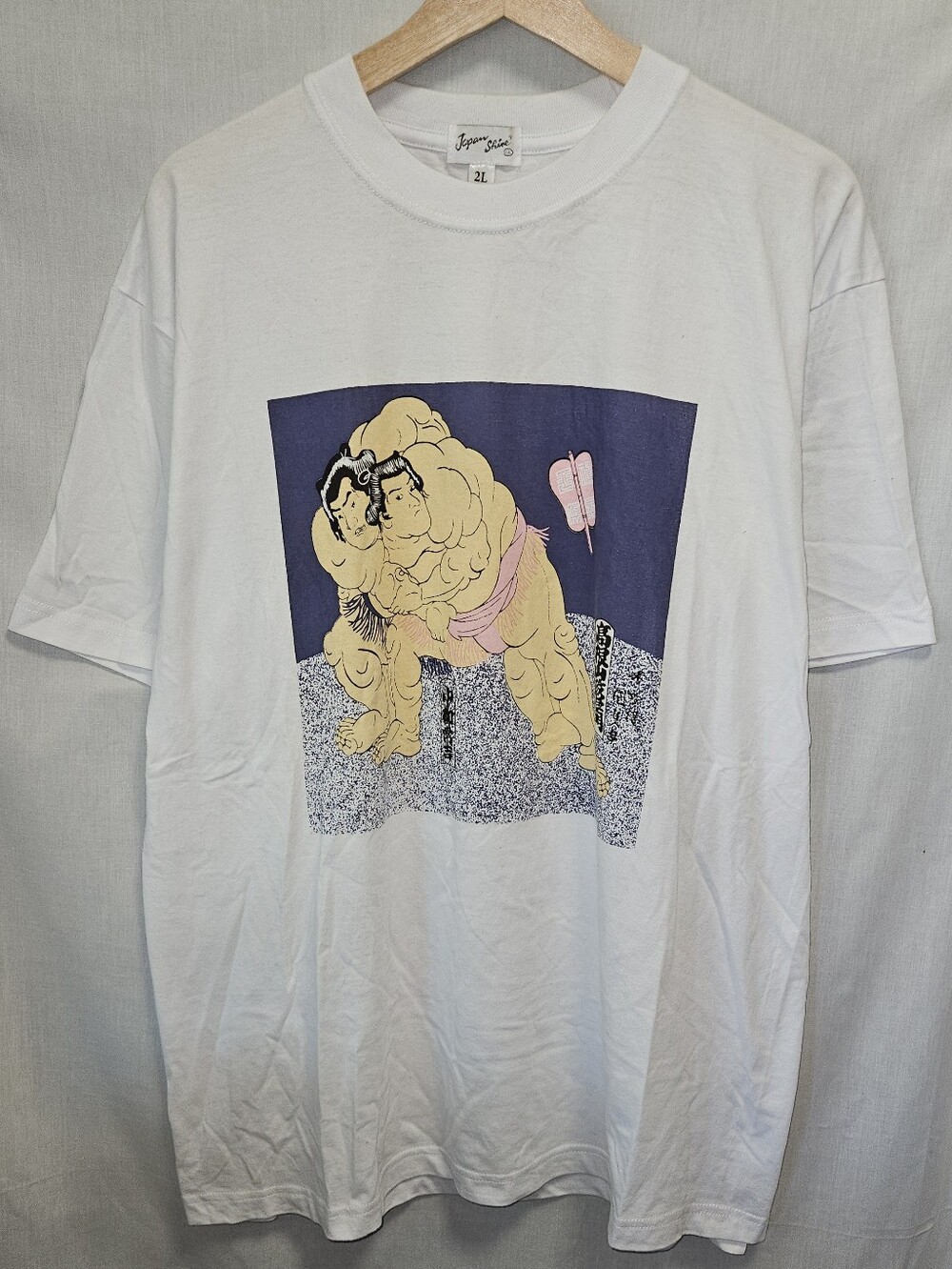 Rare White Japan Shine Graphic Crewneck T-Shirt with Sumo Illustration - Sz XL